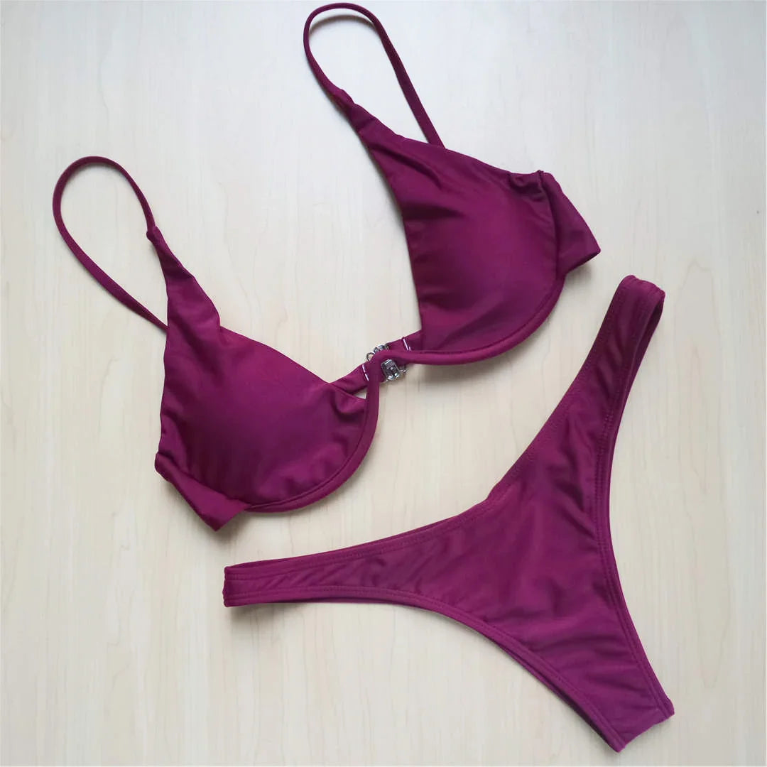 Underwired V-Bar Bikini Set Wine Red