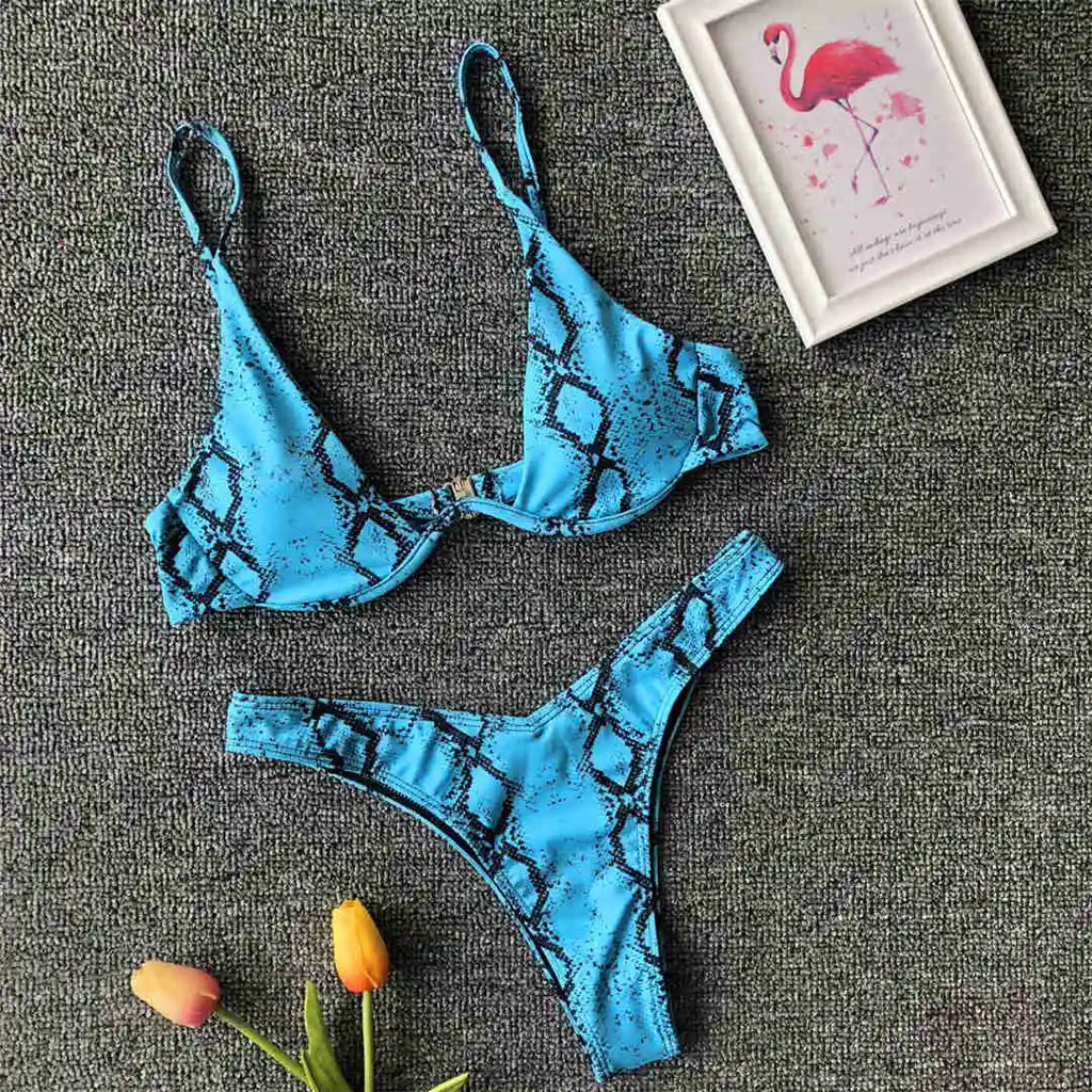 Underwired V-Bar Bikini Set Blue Snake Printed