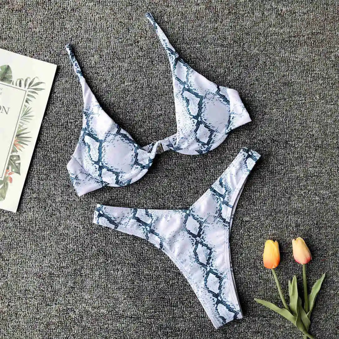 Underwired V-Bar Bikini Set White Snake Printed