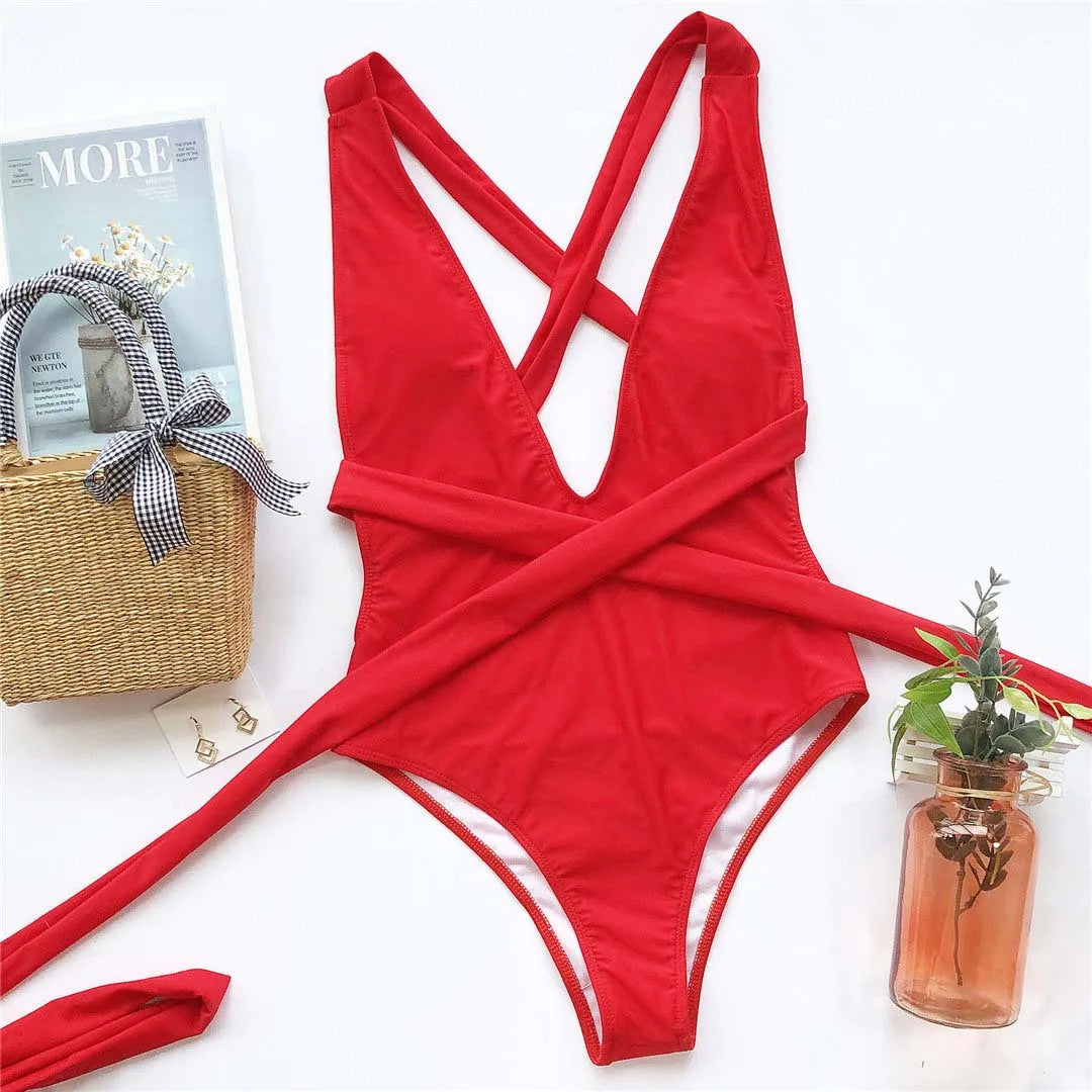 Snake Print Wrap One Piece Swimsuit Red
