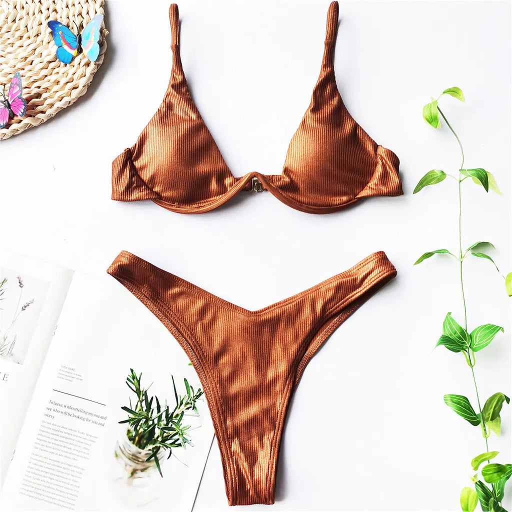 Underwired V-Bar Bikini Set Brown