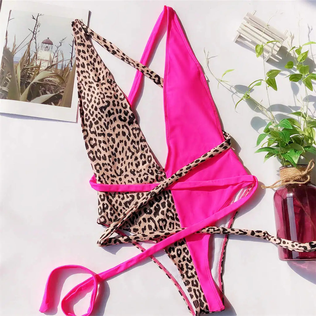 Snake Print Wrap One Piece Swimsuit Leopard HotPink