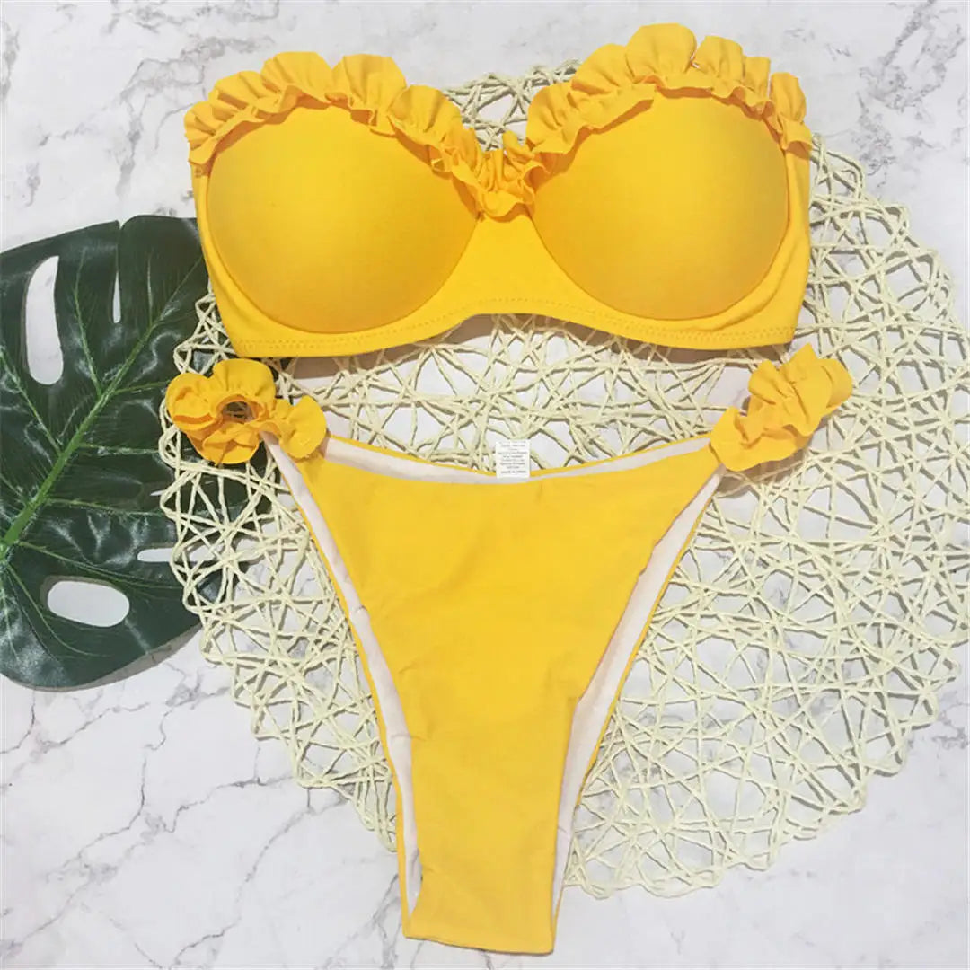 Ruffled Bandeau Push Up Bikini Yellow