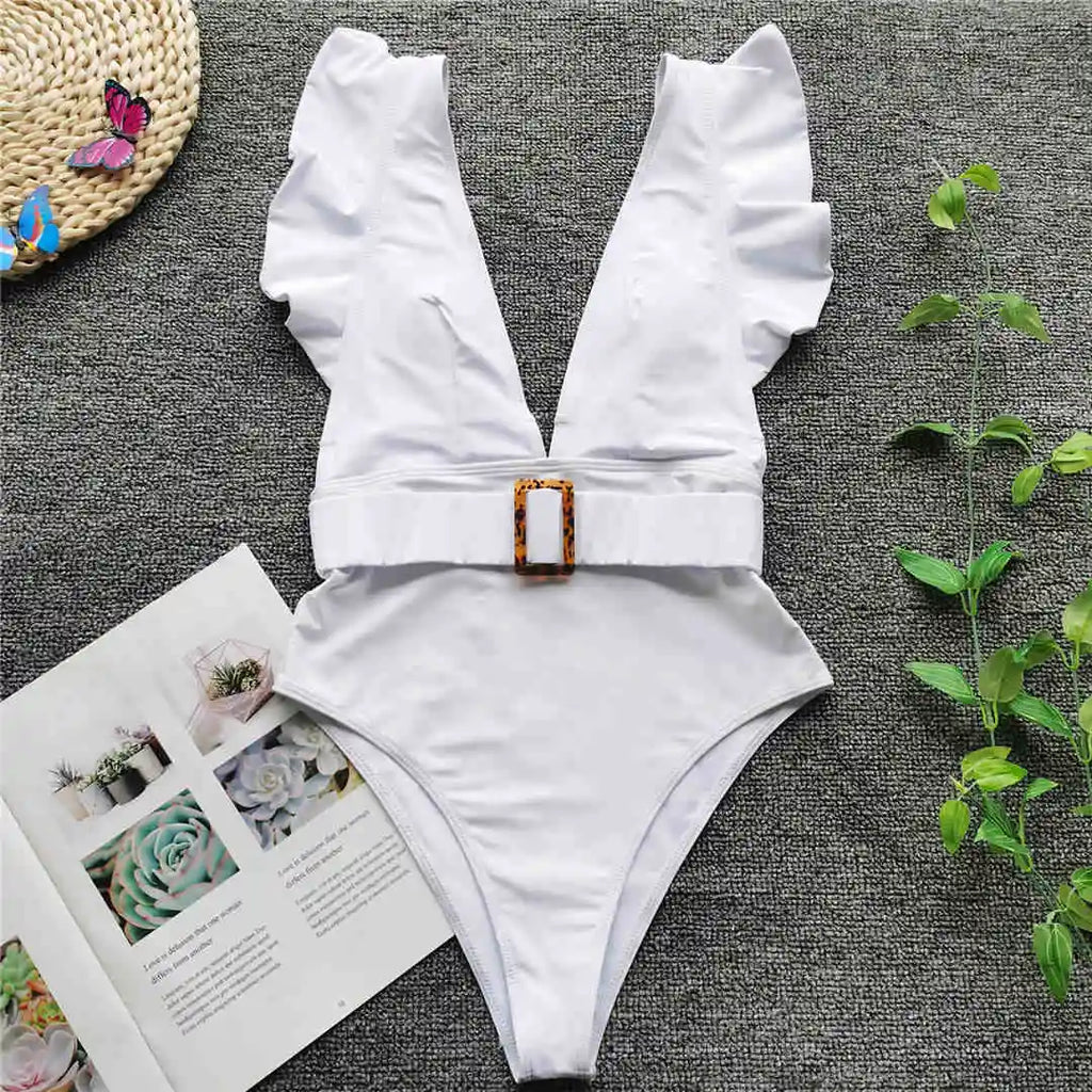 Ruffled White Belted Monokini