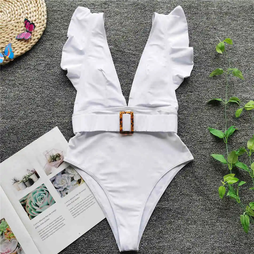 Ruffled White Belted Monokini