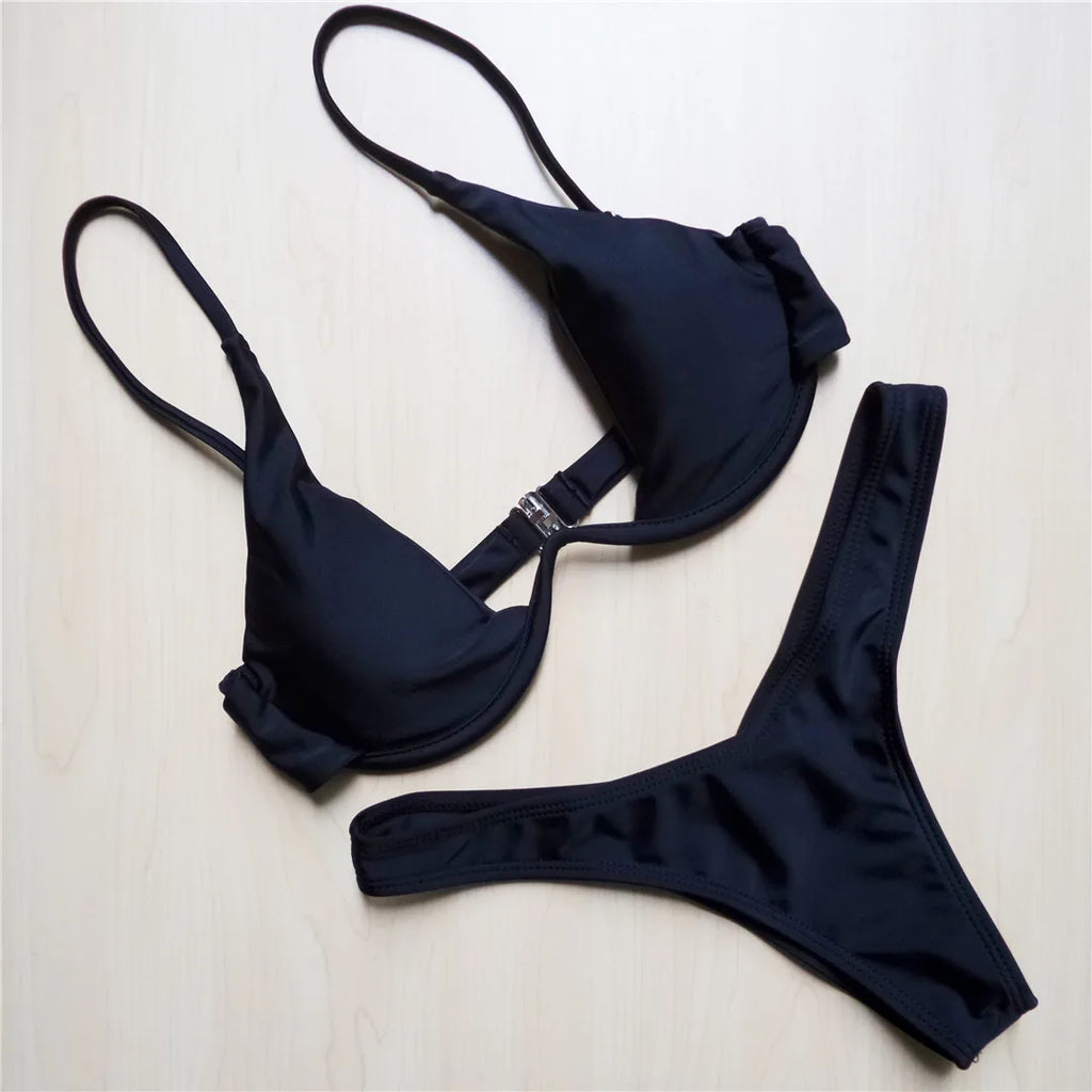 Underwired V-Bar Bikini Set Black