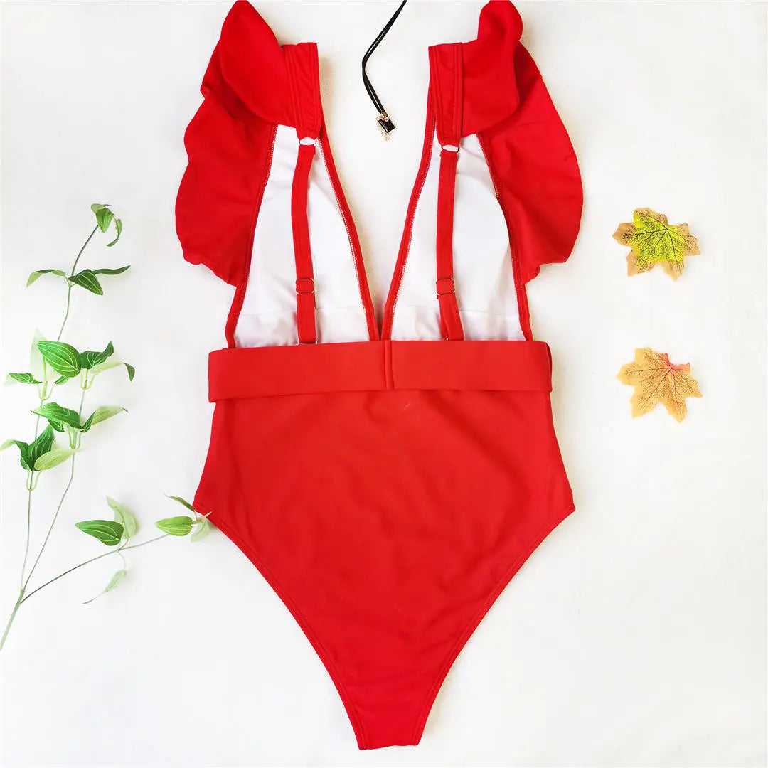 Ruffled White Belted Monokini