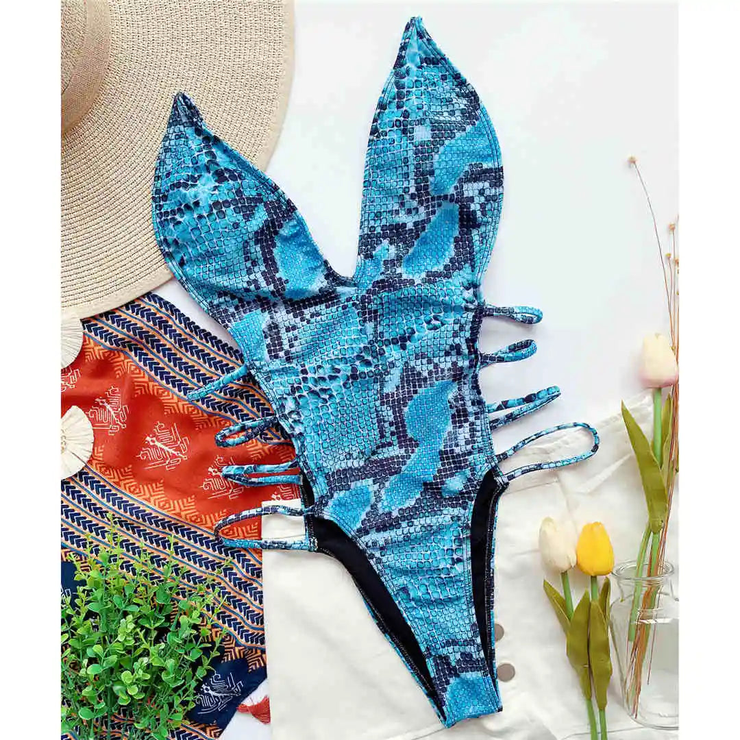 Snake Skin High Cut Monokini Blue