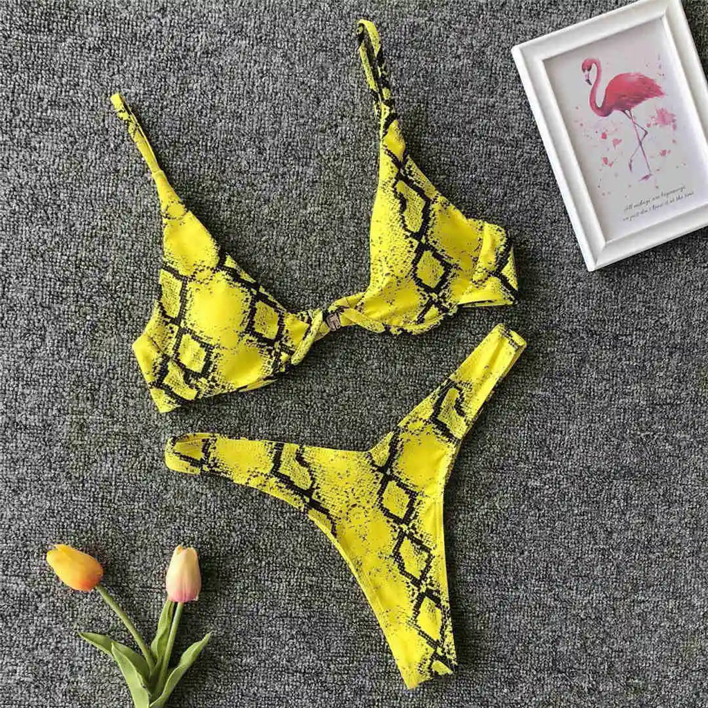 Underwired V-Bar Bikini Set Yellow Snake Printed
