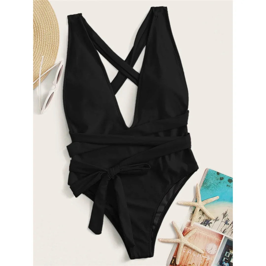 Snake Print Wrap One Piece Swimsuit Black