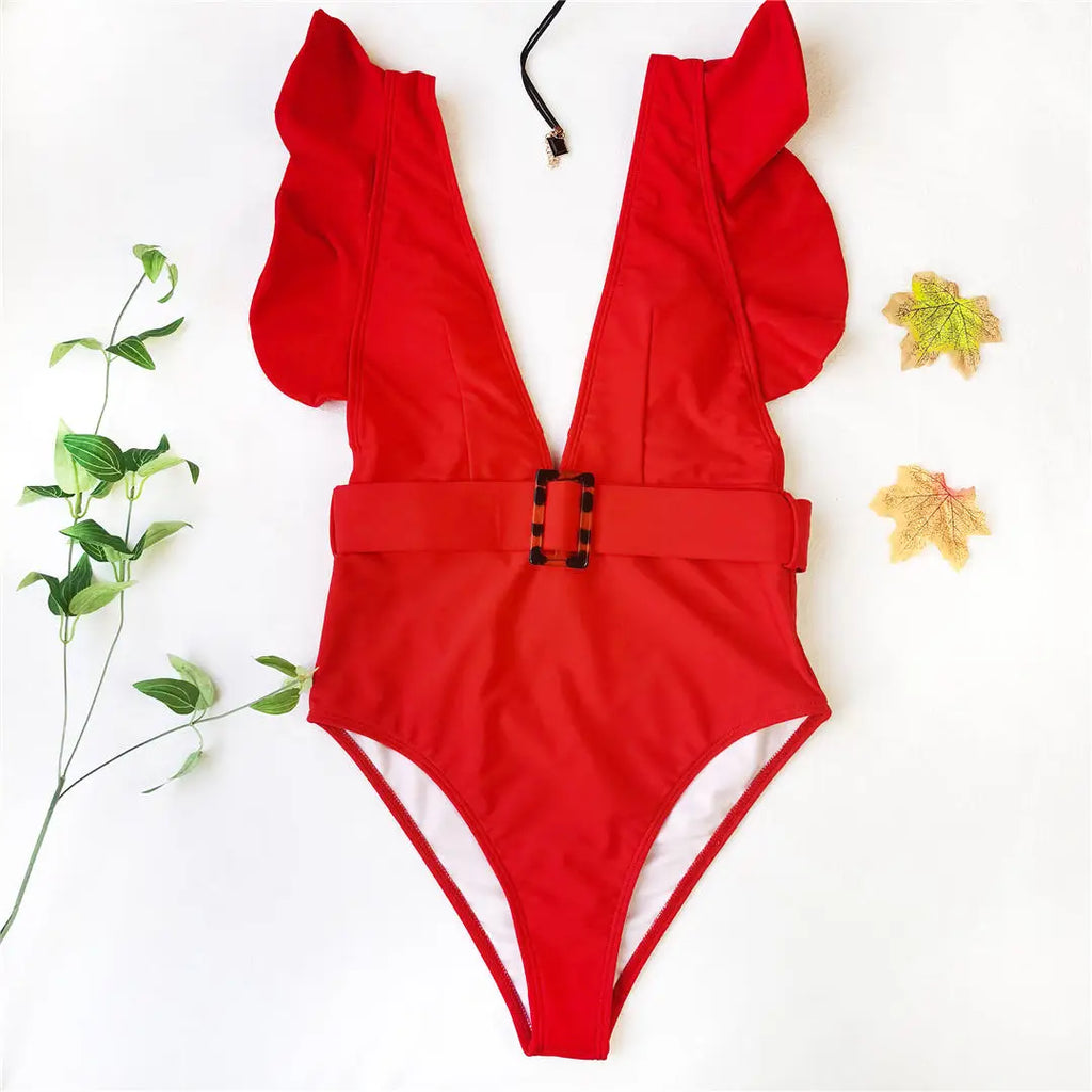 Ruffled White Belted Monokini