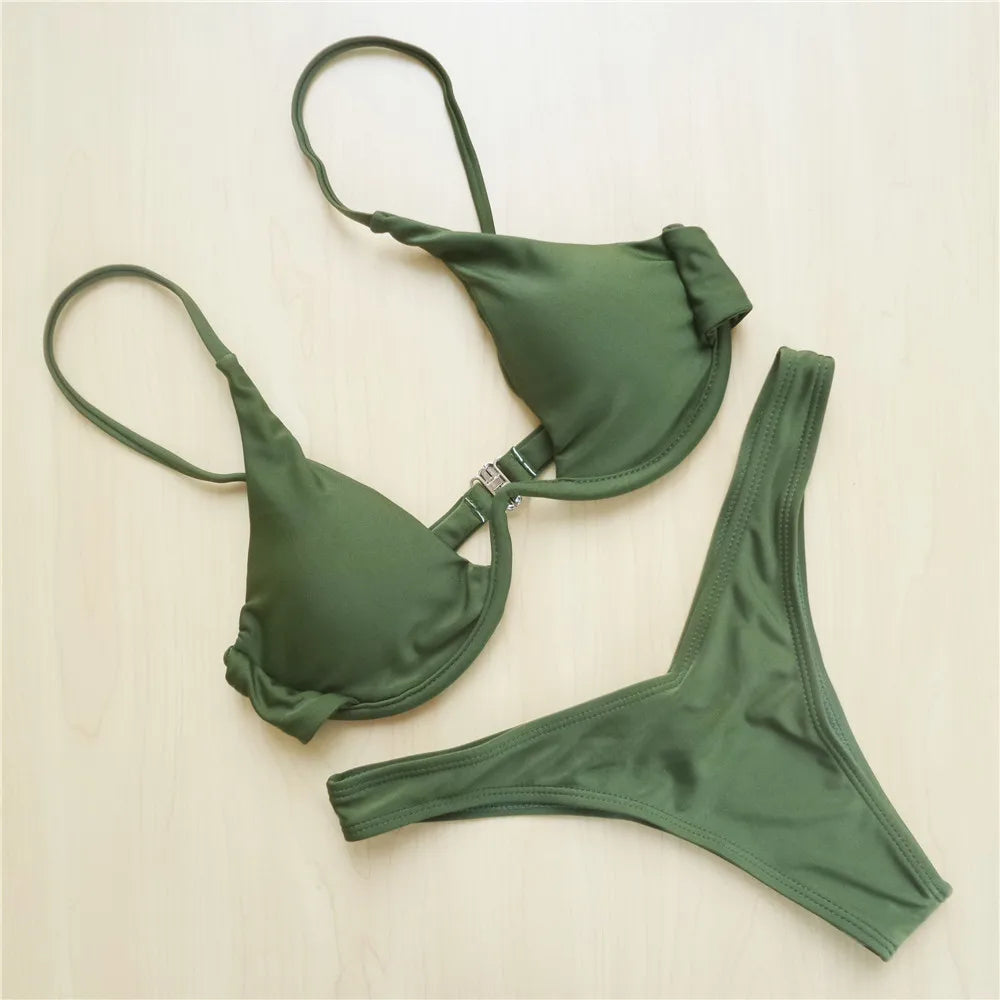 Underwired V-Bar Bikini Set Green