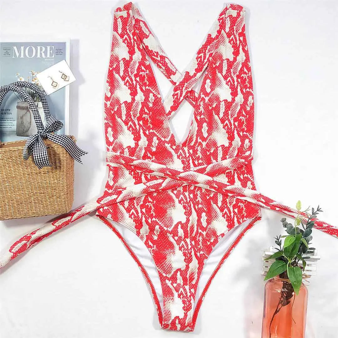 Snake Print Wrap One Piece Swimsuit Red Snake