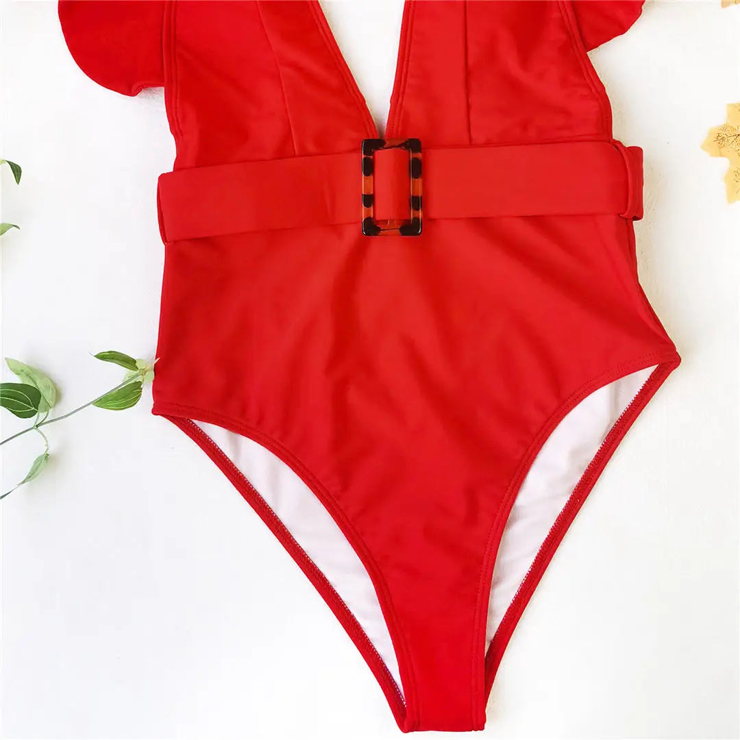 Ruffled White Belted Monokini