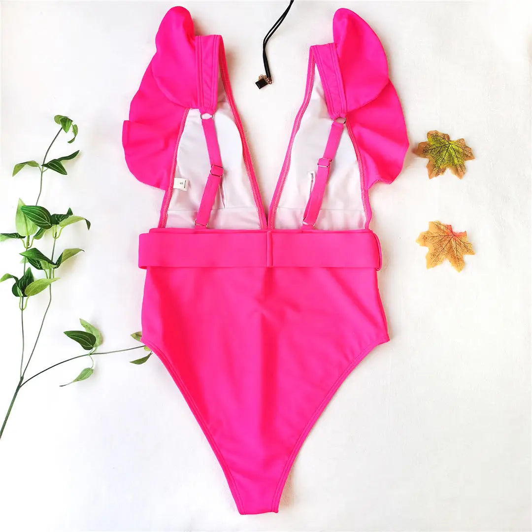 Ruffled White Belted Monokini