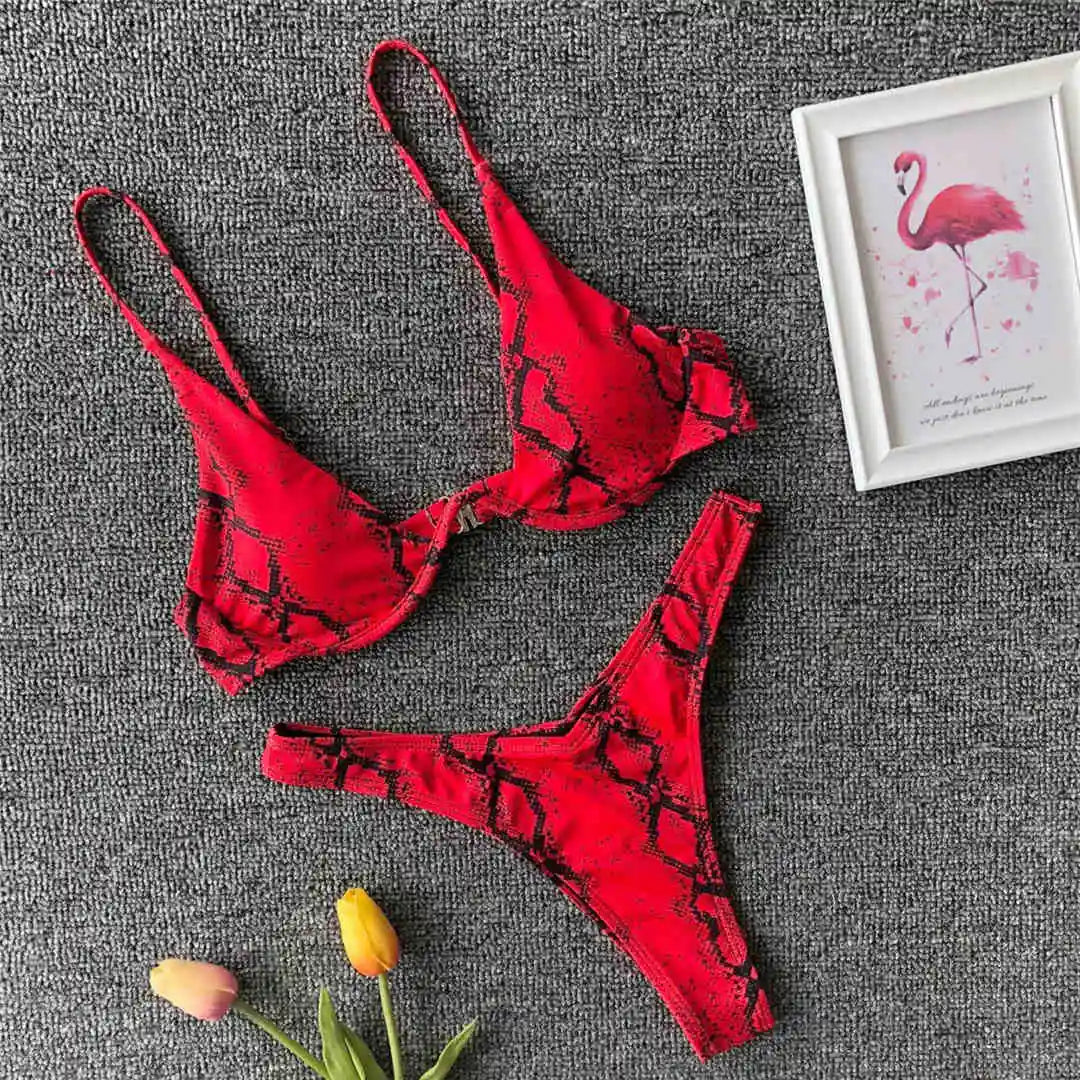 Underwired V-Bar Bikini Set Red Snake Printed