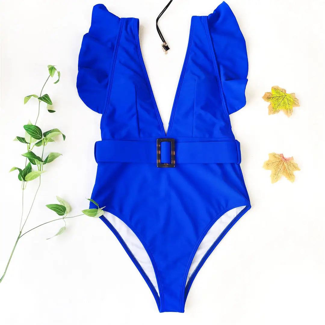 Ruffled White Belted Monokini