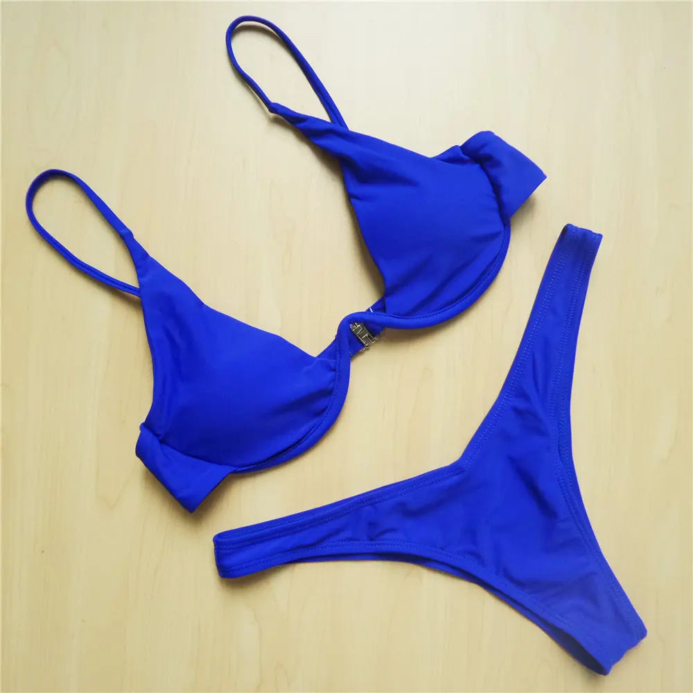 Underwired V-Bar Bikini Set Blue