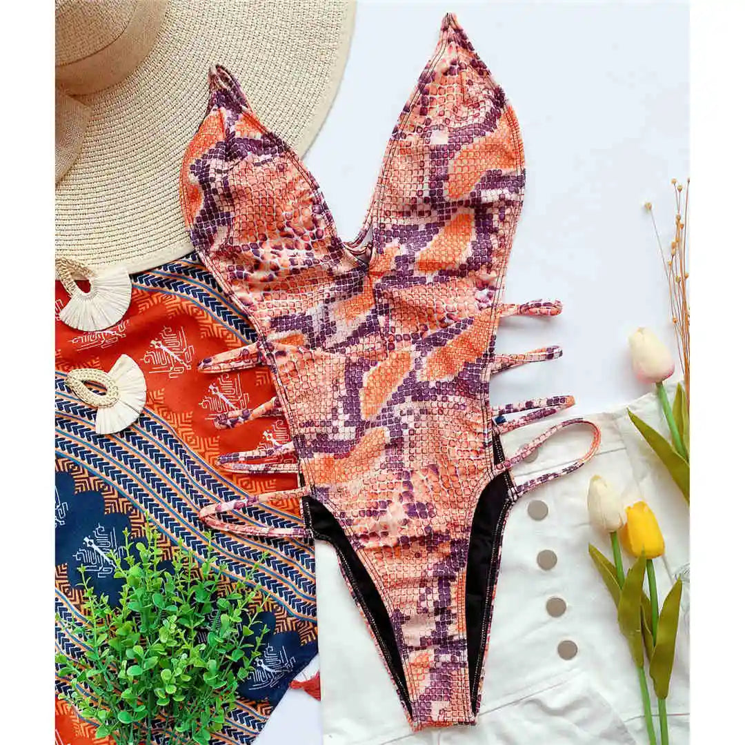 Snake Skin High Cut Monokini Orange