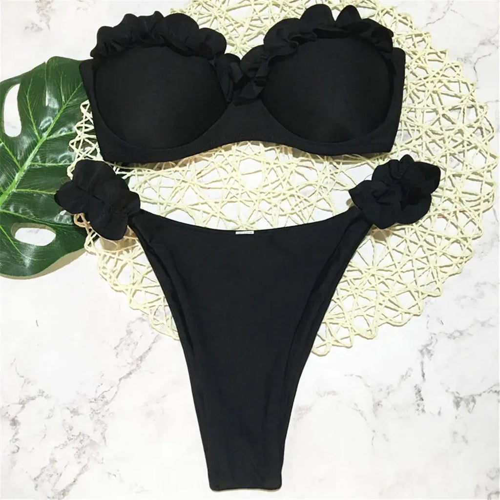 Ruffled Bandeau Push Up Bikini Black