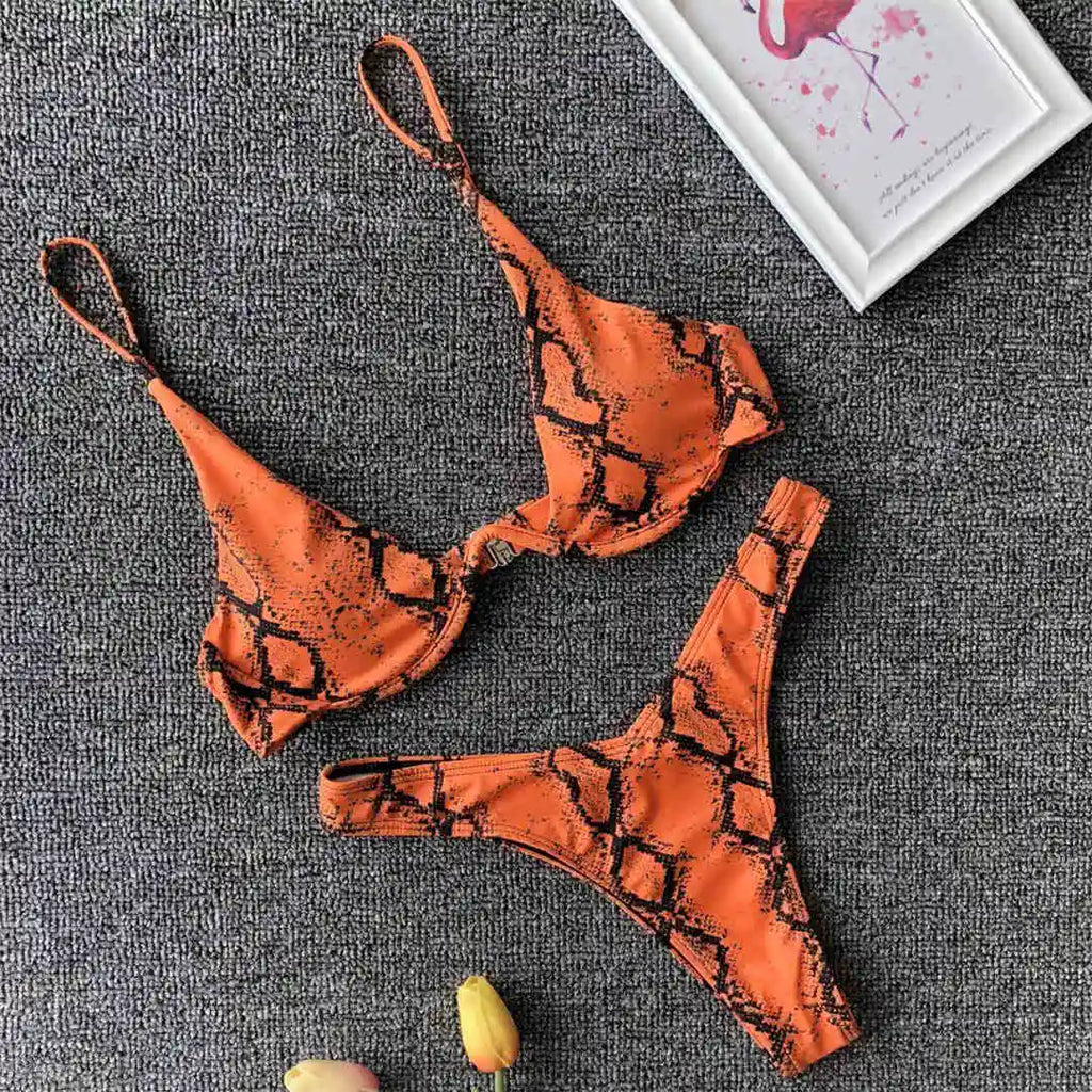 Underwired V-Bar Bikini Set Orange Snake Printed