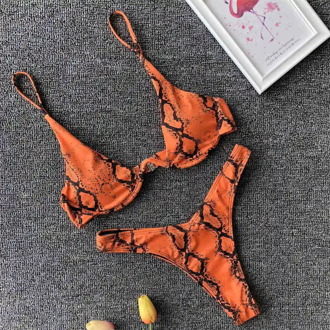 Underwired V-Bar Bikini Set Orange Snake Printed