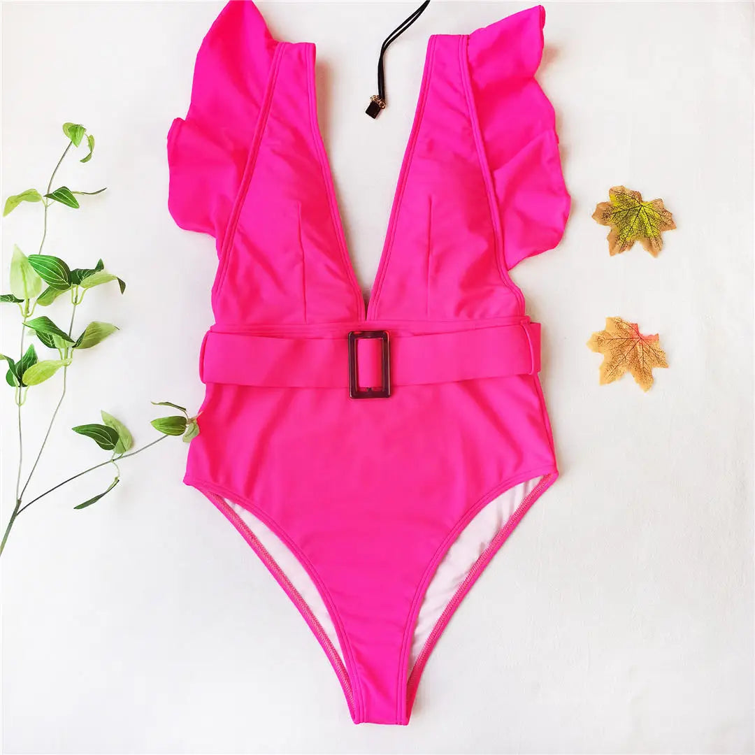 Ruffled White Belted Monokini