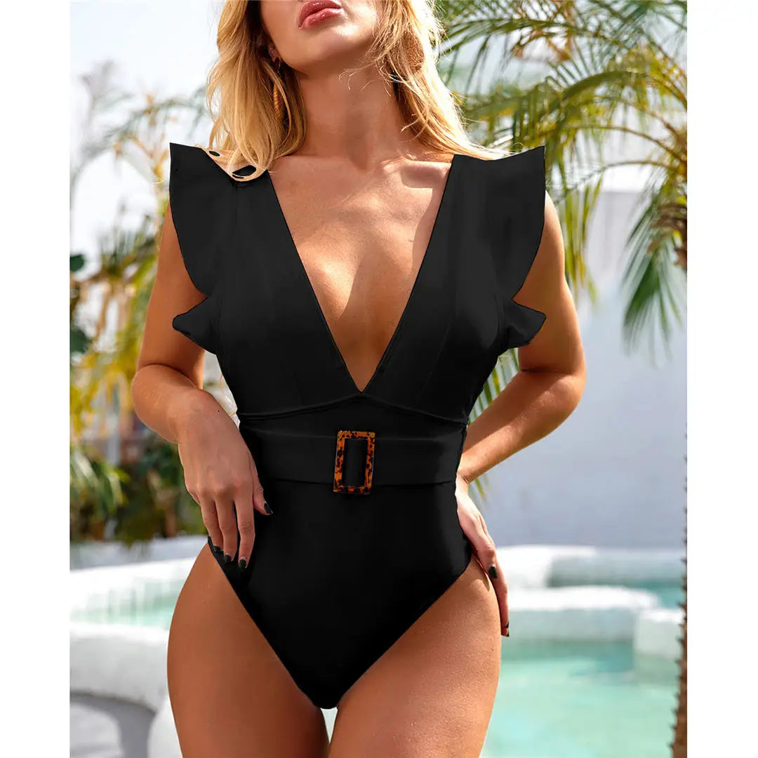Ruffled White Belted Monokini