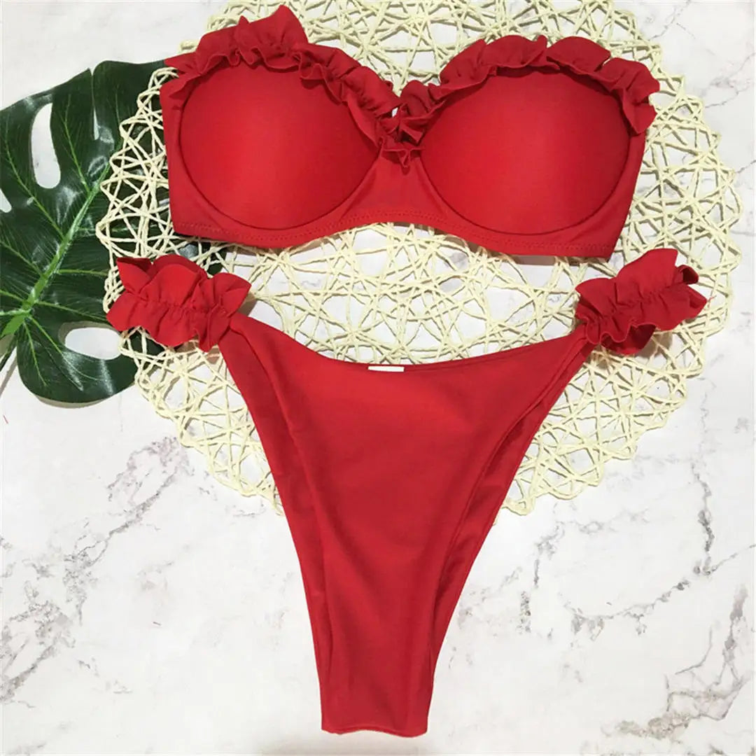 Ruffled Bandeau Push Up Bikini Red