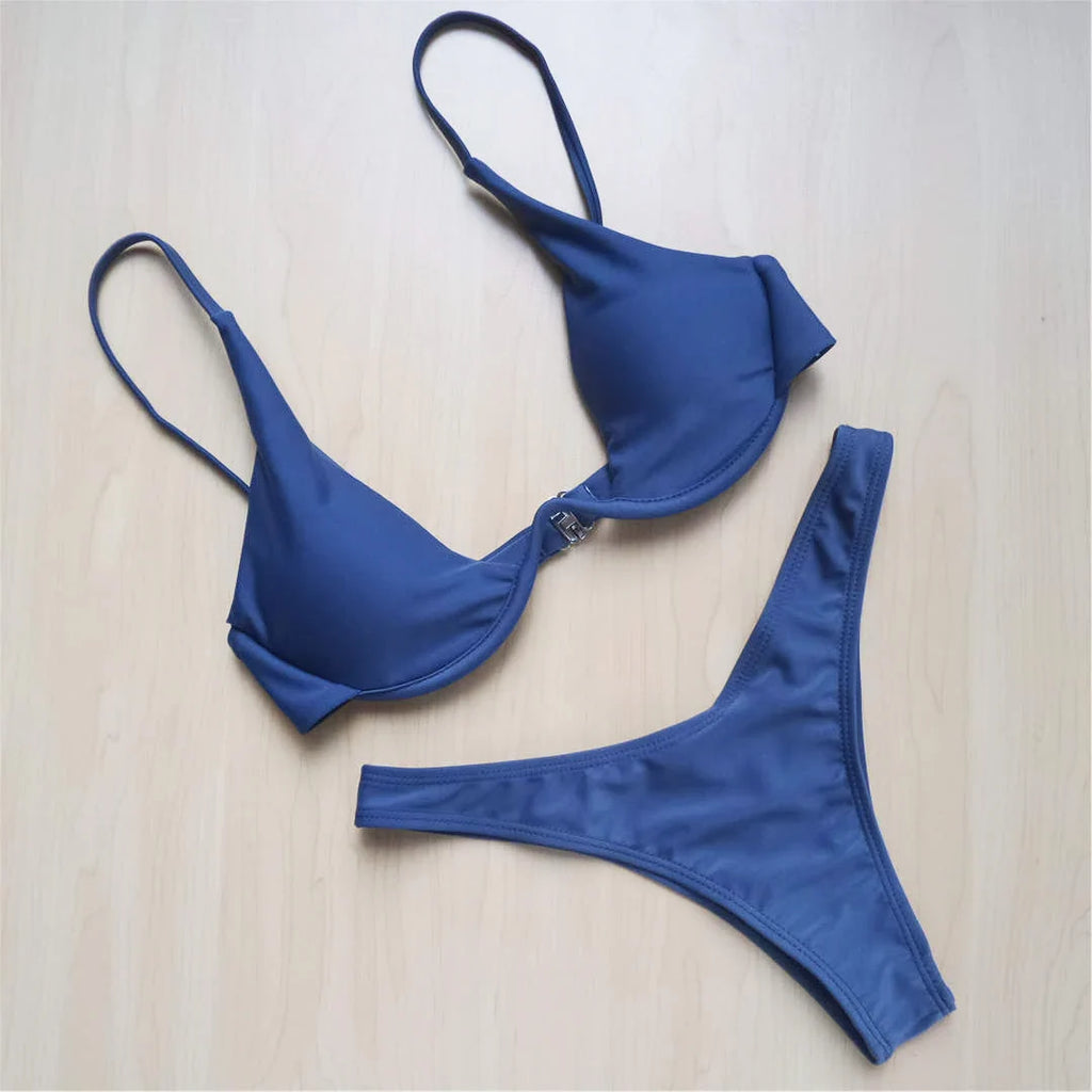 Underwired V-Bar Bikini Set Gray Blue XL