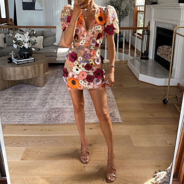 The Valencia Embroidered Floral Puff-Sleeve Dress