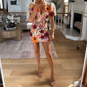 The Valencia Embroidered Floral Puff-Sleeve Dress