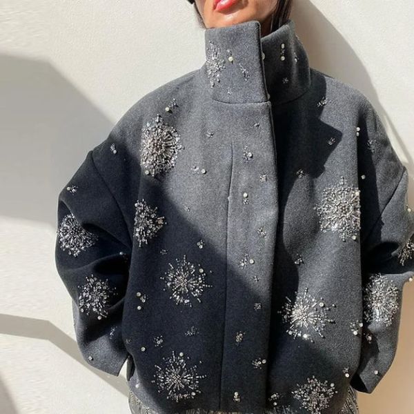 The Elara Embellished High-Collar Pea Coat