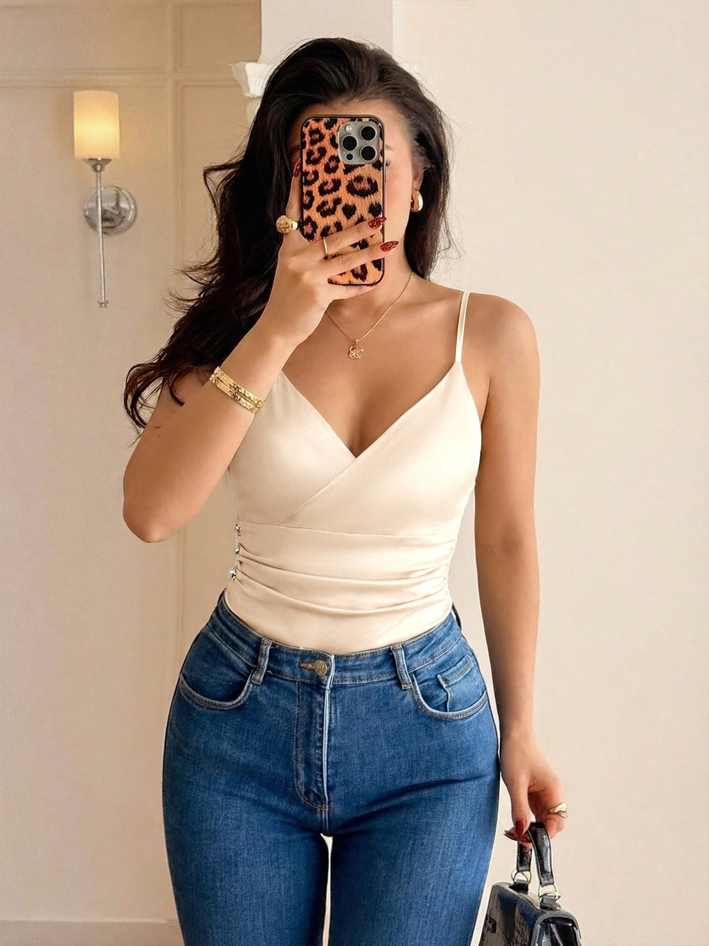 V-neck Slim-fit Champagne Cami Jumpsuit