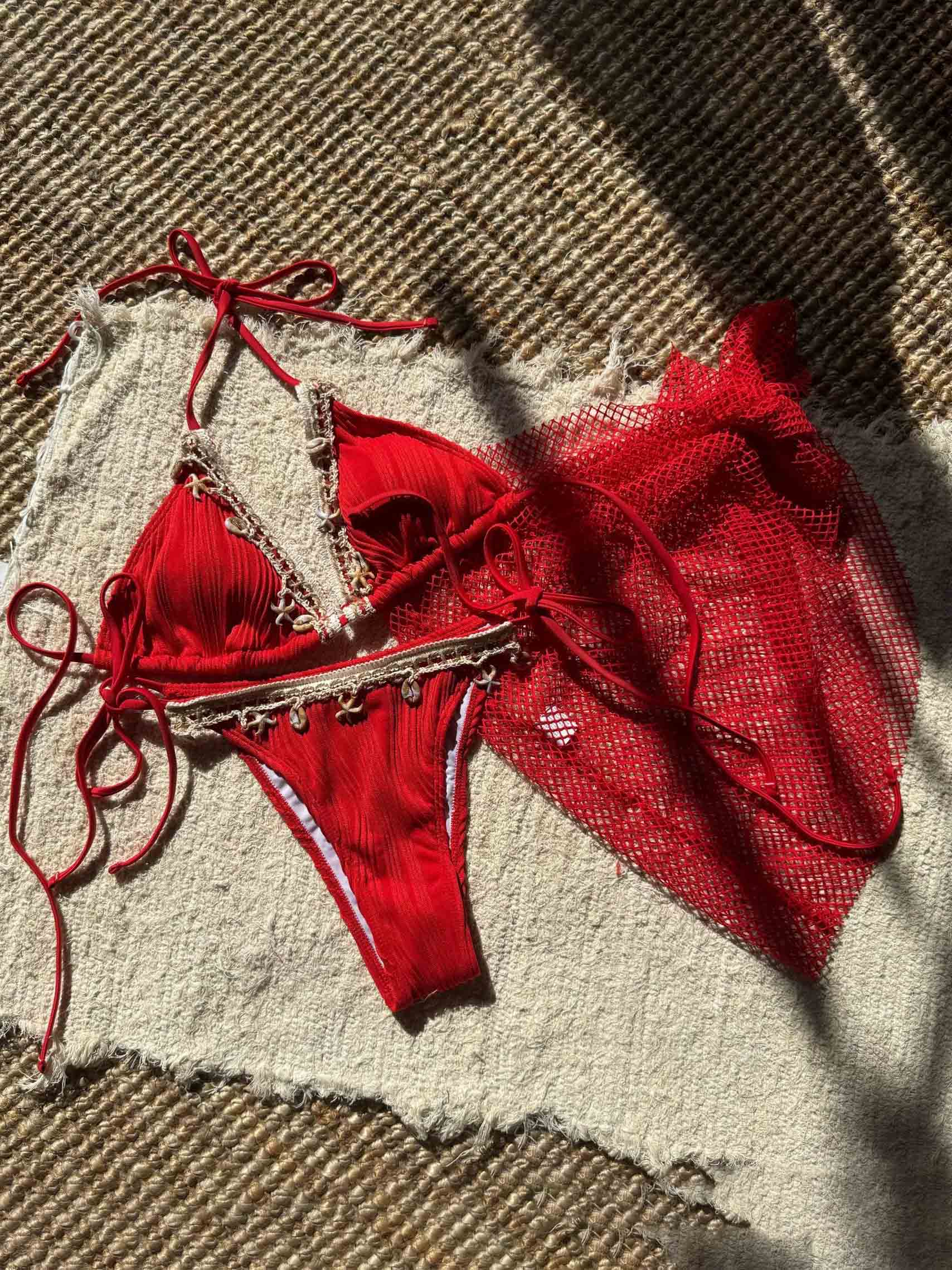 Sexy dreiteiliges Bikini-Set mit Seestern-Quasten-Tüllrock