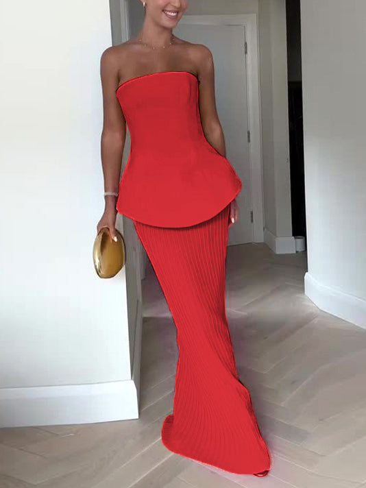 Elegantes Tube-Top, Faltenrock mit hoher Taille, zweiteiliges Set