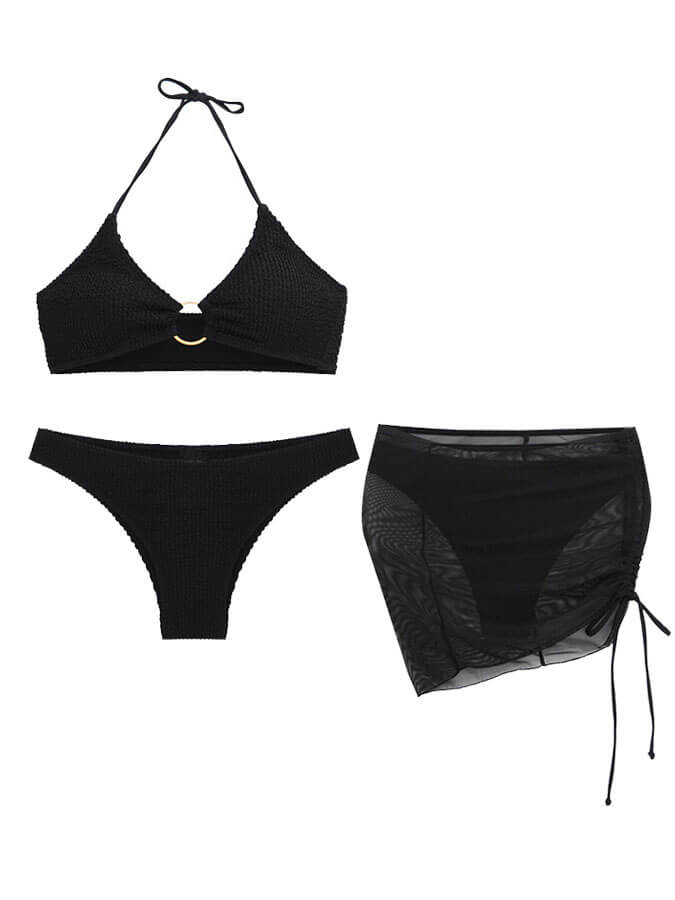 Einfarbiger sexy Neckholder-Bikini mit dreiteiligem Badeanzug