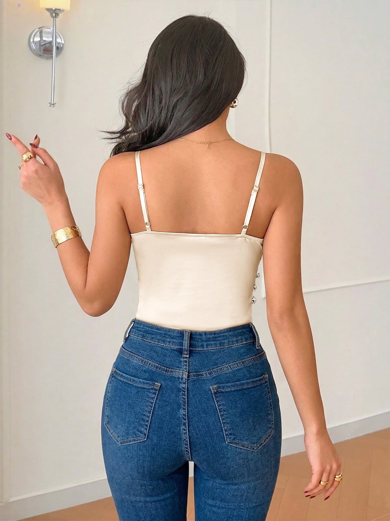 V-neck Slim-fit Champagne Cami Jumpsuit