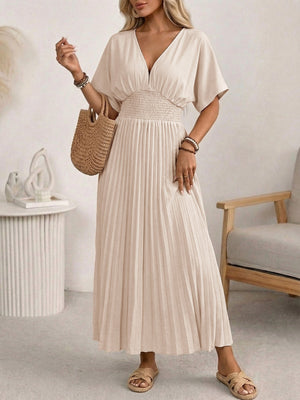 V-Neck Batball Sleeve Pleated Dress