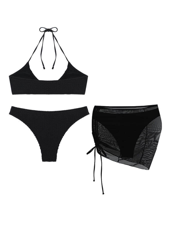 Einfarbiger sexy Neckholder-Bikini mit dreiteiligem Badeanzug
