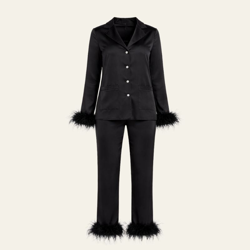 The Darcie Feather-Trim Satin Pajama Set