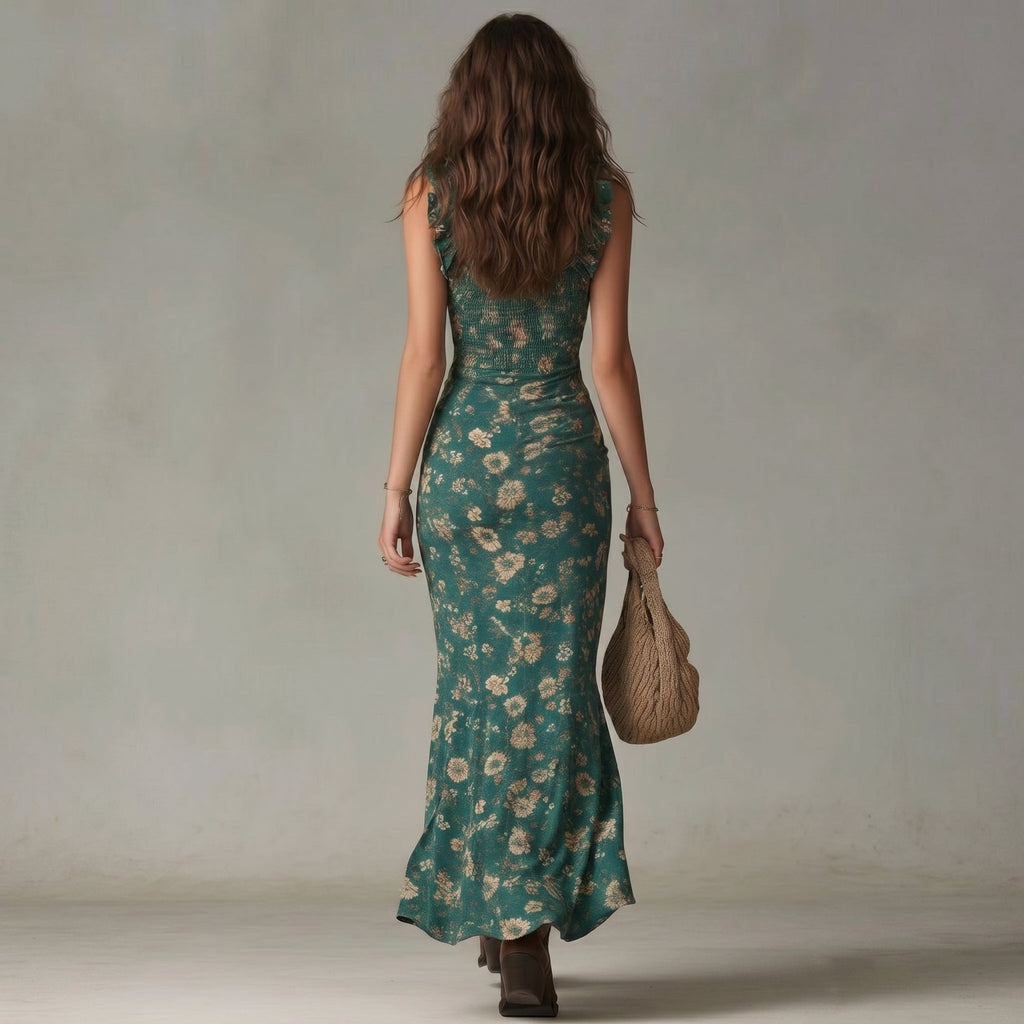 Soleia | Green Retro Print Maxi Dress with Flowing Sleeves
