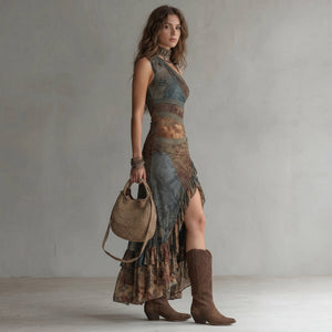 Elena Asymmetric One-Shoulder Maxi Dress with Ethnic Print & Side Slit