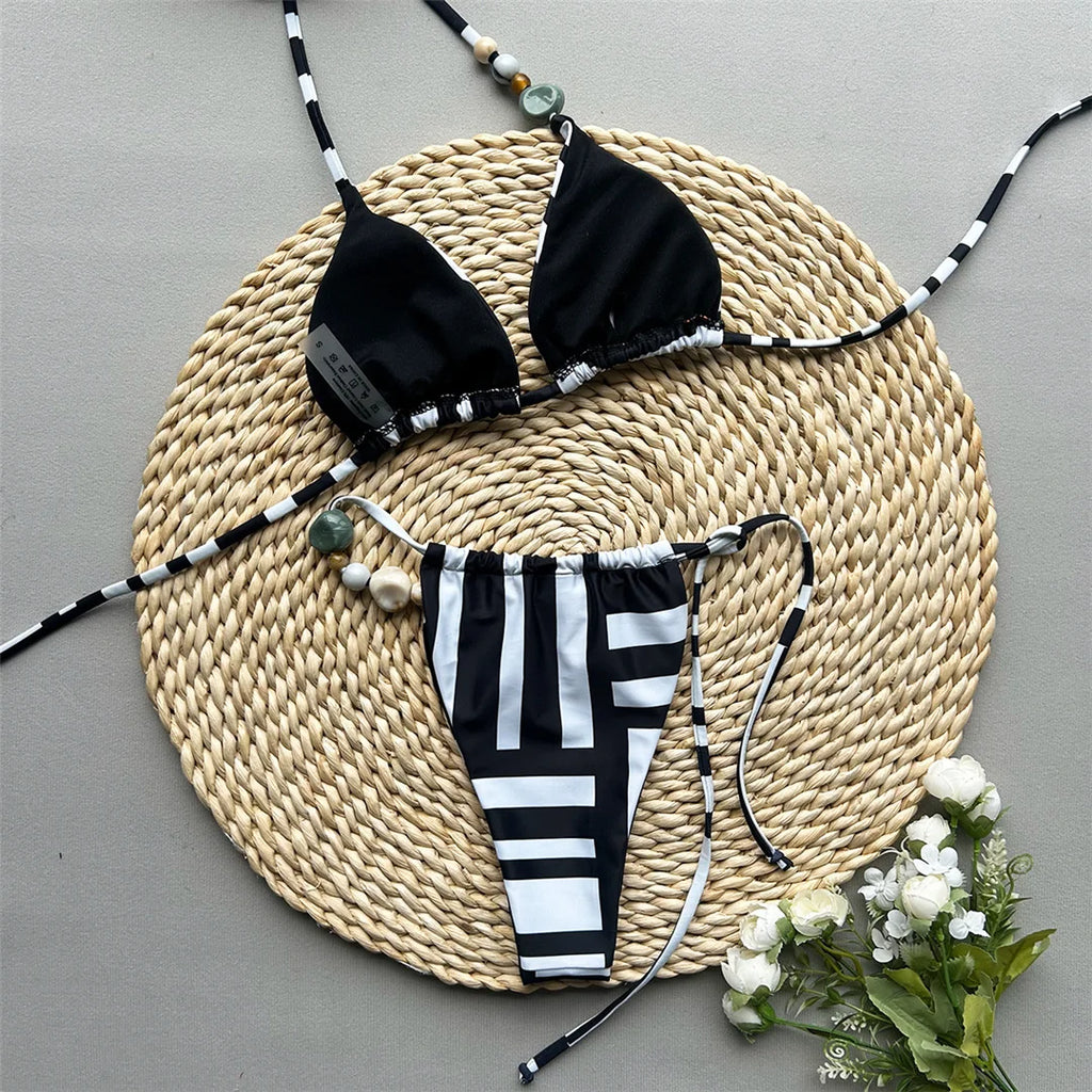 Halter Striped High Leg Bikini Set