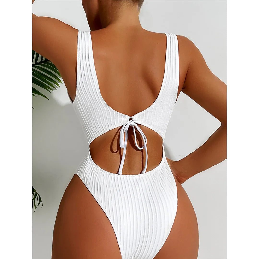 Ribbed Cut Out Backless Swimsuit