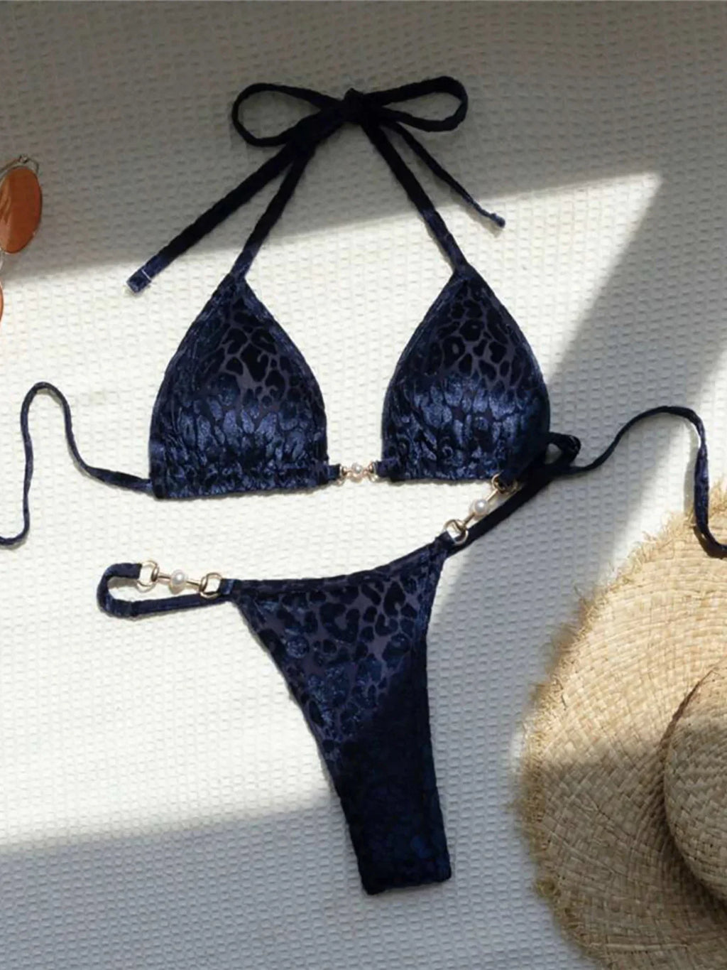 Leopard Pearl Mini Micro Bikini Set Blue Leopard