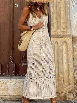 Crochet V-Neck Tunic Dress Beige