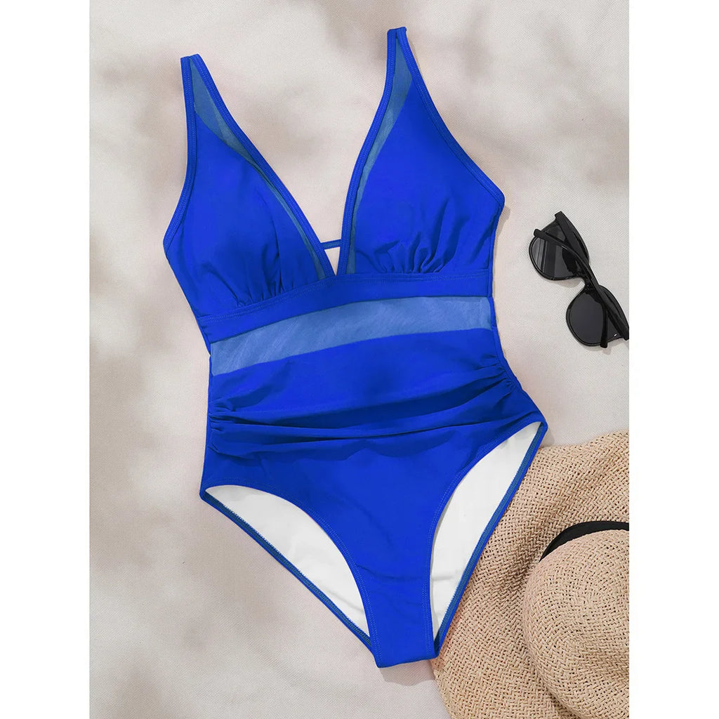 Mesh Leopard Print Monokini V-Neck Deep Blue