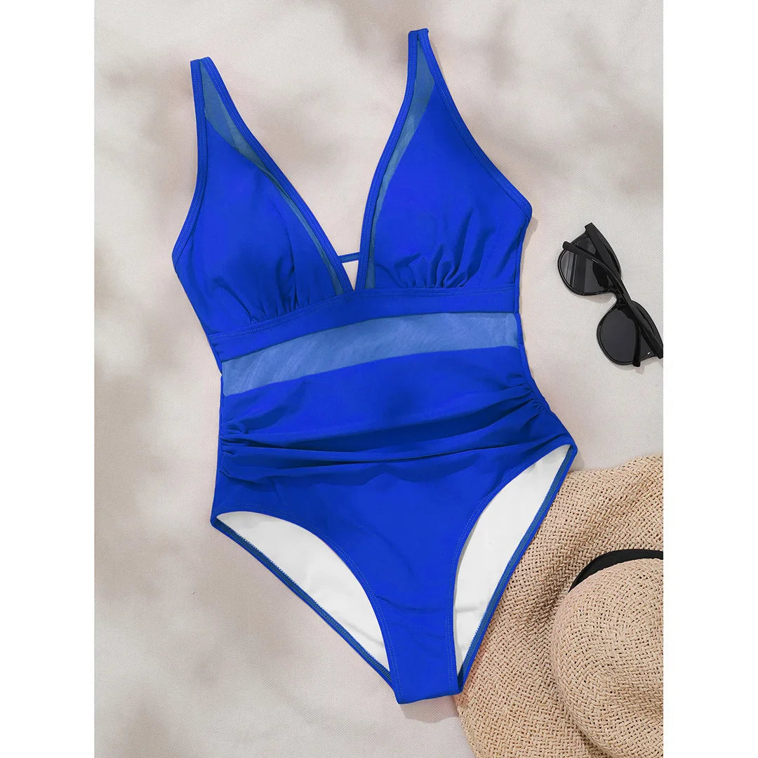 Mesh Leopard Print Monokini V-Neck Deep Blue