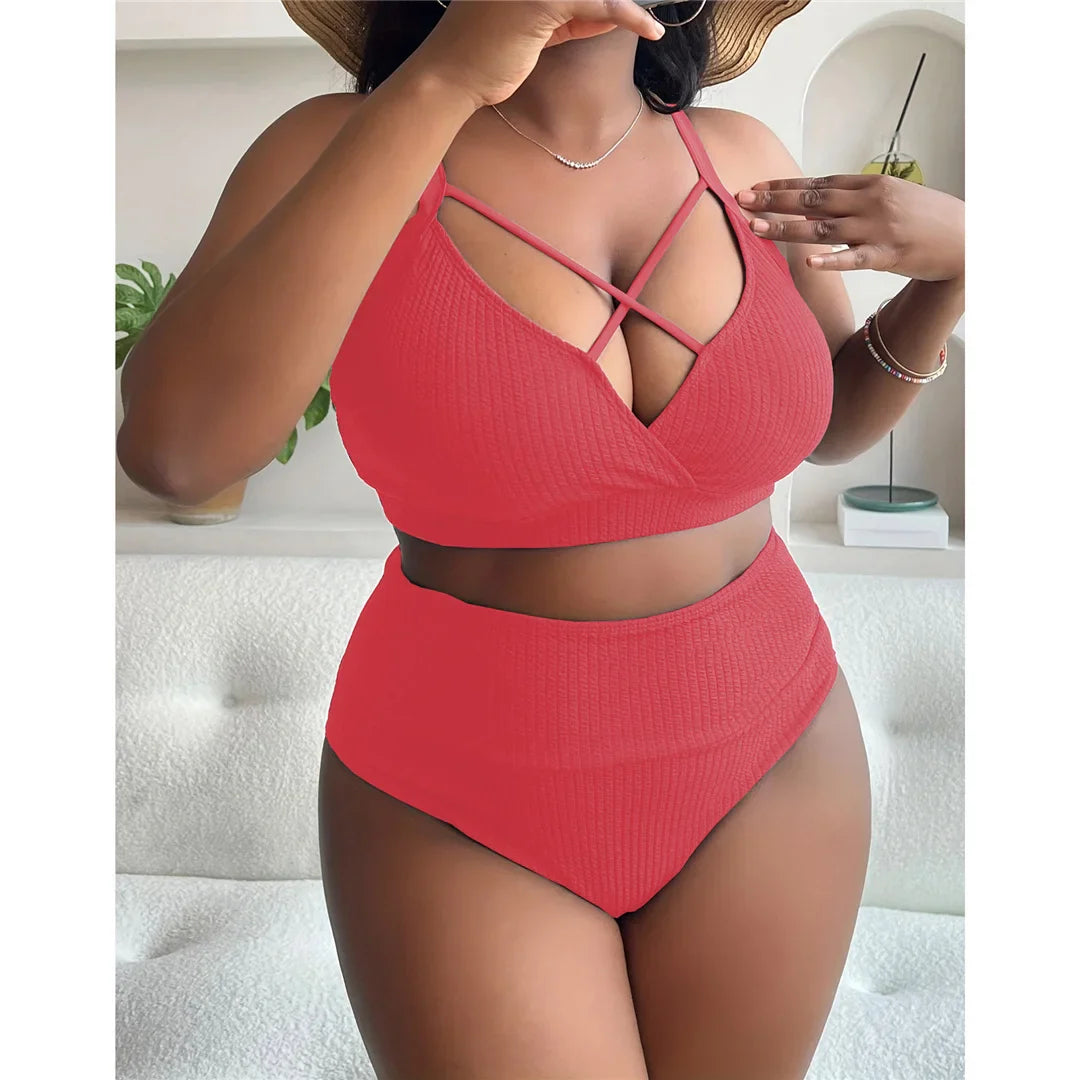 Ribbed Large Size Bikini Set Watermelon Red